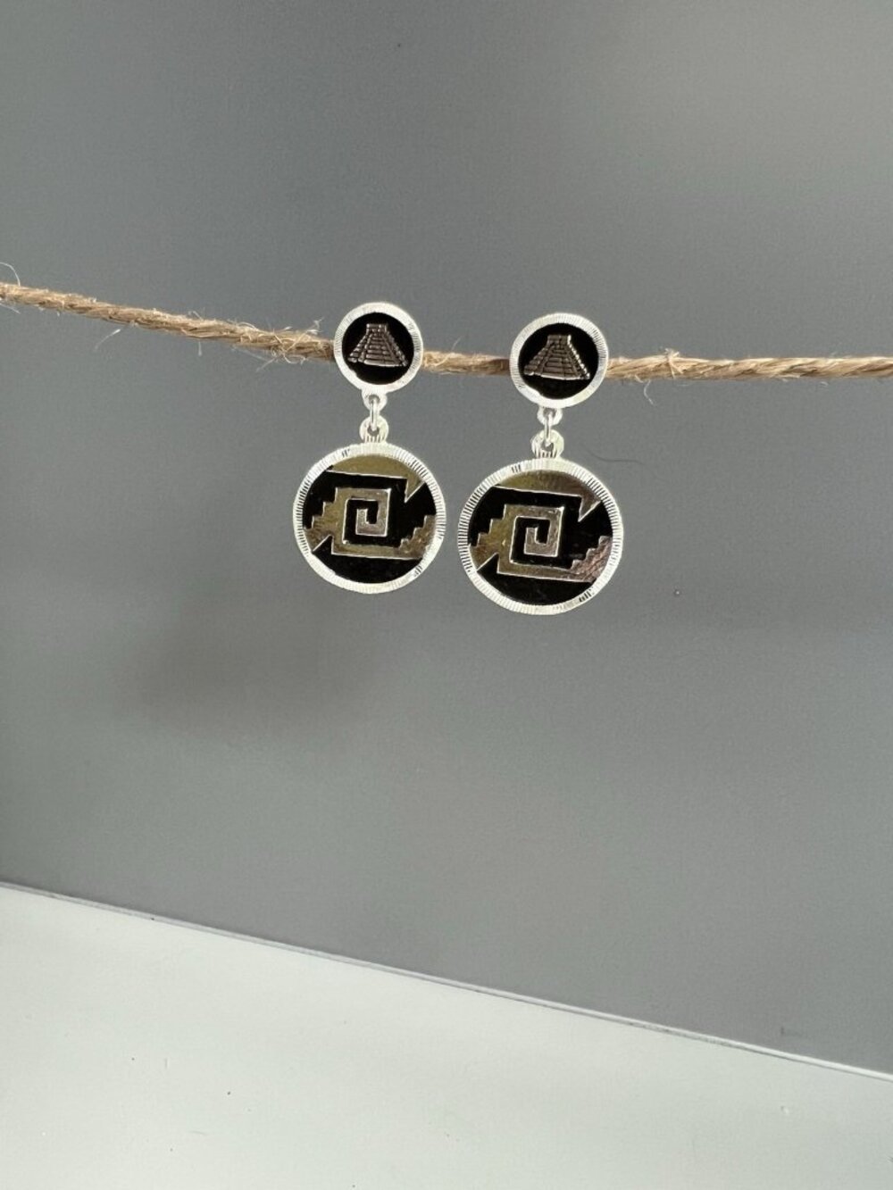 950 Sterling Silver Black Pyramid Geometric Double Disc Dangle Earrings